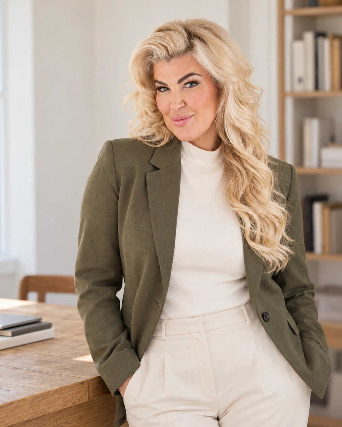 Penny Dee in an olive blazer